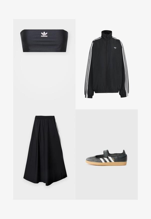 Musta Adidas-verryttelytakki, jossa valkoiset kolme raitaa hihoissa, täysipitkä etuvetoketju, joustavat hihansuut ja pieni kolmiokuvioinen logo rinnassa.; Mustat bandeau-top, joka on valmistettu sileästä kankaasta. Etupuolella keskellä on valkoinen Adidas-logo, eikä siinä ole muita kuvioita tai koristeita.; Musta leveälahkeiset housut, joissa on kuminauhavyötärö ja valkoiset sivuraidat, esitetty yksinkertaisen valkoisen taustan edessä.; Mustat nahka- ja mokkanahkalenkkarit, joissa on tarranauha, kolme valkoista raitaa ja kumipohja. Sivussa lukee "SAMBA".