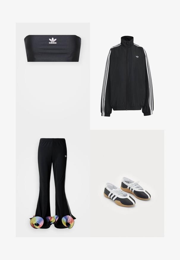 Čierna Adidas športová bunda s bielymi tromi pásikmi po celej dĺžke rukávov, so zipsom po celej prednej časti, elastickými manžetami a malým logom trefolo na hrudi.; Čierny bandeau top vyrobený z hladkej textílie, s bielym logom Adidas umiestneným v strede na prednej strane, bez ďalších vzorov alebo ozdôb.; Čierne športové nohavice s širokým rozšíreným strihom. Majú farebné, volánkové spodné okraje a biele bočné pruhy. Vyrobené z elastického materiálu.; Čierne a biele športové topánky s elegantným dizajnom, gumovou podrážkou, šnurovaním a tromi bielymi prúžkami na bokoch.