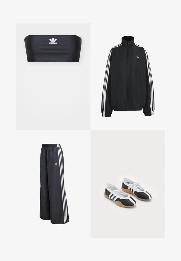 Čierna Adidas športová bunda s bielymi tromi pásikmi po celej dĺžke rukávov, so zipsom po celej prednej časti, elastickými manžetami a malým logom trefolo na hrudi.; Čierny bandeau top vyrobený z hladkej textílie, s bielym logom Adidas umiestneným v strede na prednej strane, bez ďalších vzorov alebo ozdôb.; Čierne športové nohavice z ľahkého materiálu, s tromi bielymi vertikálnymi pruhmi a elastickým pásom so sťahovacou šnúrkou.; Čierne a biele športové topánky s elegantným dizajnom, gumovou podrážkou, šnurovaním a tromi bielymi prúžkami na bokoch.