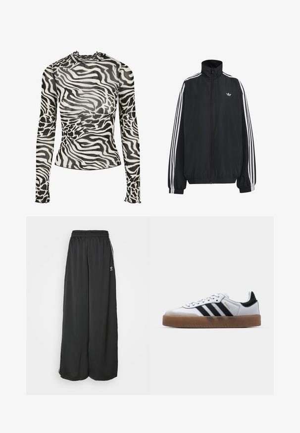 Chaqueta deportiva negra de Adidas con tres franjas blancas a lo largo de las mangas, cremallera frontal completa, puños elásticos y pequeño logo de trébol en el pecho.; Blusa de manga larga con cuello alto, que presenta un diseño de estampado de cebra en blanco y negro sobre un tejido transparente. Acentos con volantes en el escote y los puños.; Pantalones de chándal negros de corte holgado, fabricados en un tejido suave. Cuentan con una cintura elástica y rayas laterales con acentos de logo.; Zapatillas de cuero blancas con rayas negras, suela de goma, puntera redonda, cierre de cordones y caperuza de ante gris suave.