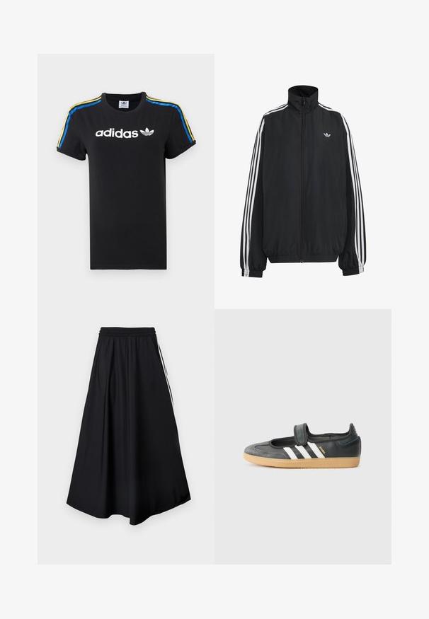 Μαύρο αθλητικό μπουφάν Adidas με λευκές τρεις ρίγες κατά μήκος των μανικιών, πλήρες φερμουάρ μπροστά, ελαστικά μανσέτες και μικρό λογότυπο trefoil στο στήθος.; Μαύρο βαμβακερό T-shirt με γυρισμένα μανίκια; διαθέτει λευκό λογότυπο της Adidas και πολύχρωμες ρίγες (μπλε, κίτρινο και κόκκινο) κατά μήκος των ώμων.; Μαύρο παντελόνι με φαρδιά ποδιά, ελαστική μέση και λευκές πλαϊνές ρίγες, εμφανίζεται σε απλό λευκό φόντο.; Μαύρο δερμάτινο και σουέντ αθλητικό παπούτσι με ιμάντα Velcro, χαρακτηρισμένο από τρεις λευκές ρίγες και καουτσούκ σόλα, με την ένδειξη "SAMBA" στο πλάι.