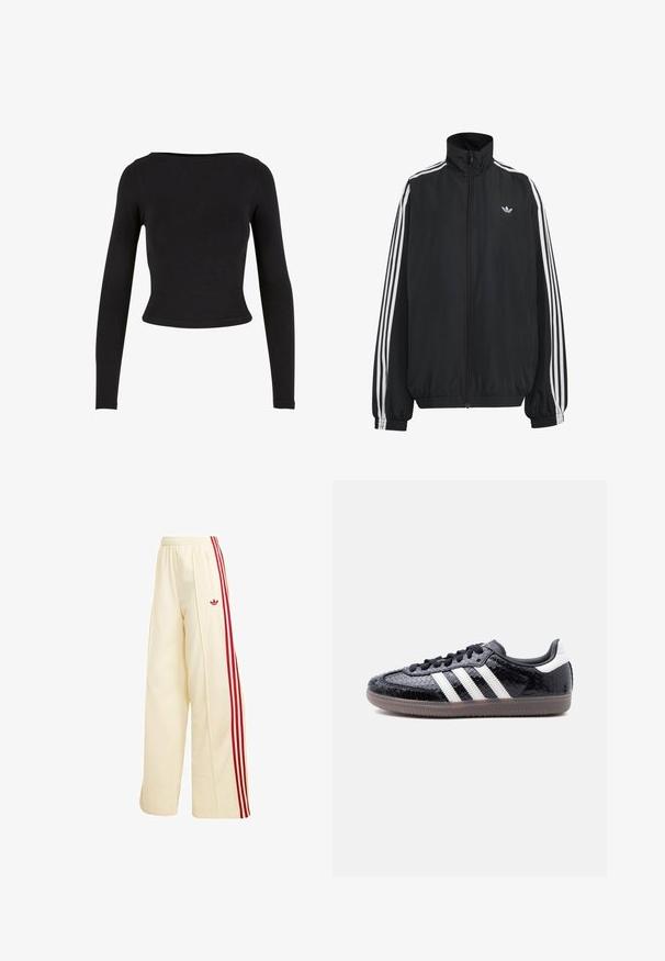Chaqueta deportiva negra de Adidas con tres franjas blancas a lo largo de las mangas, cremallera frontal completa, puños elásticos y pequeño logo de trébol en el pecho.; Top corto negro de manga larga hecho de una tela suave y elástica, con un diseño sencillo y ajustado y un escote amplio. Sin patrones ni adornos.; Pantalones deportivos de pierna ancha en color crema con rayas rojas en los laterales, cintura elástica, bolsillo con cremallera y logo rojo de Adidas en el muslo.; Zapatilla negra de perfil bajo con patrón texturizado de piel de serpiente, rayas blancas en el costado, cordones negros y suela traslúcida marrón.