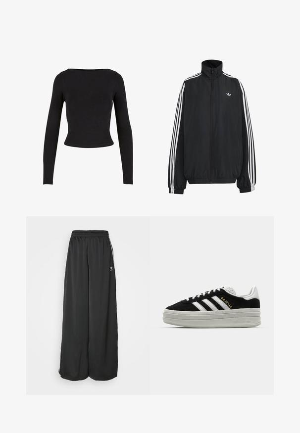 Sort Adidas træningsjakke med hvide tre striber langs ærmerne, fuld lynlås foran, elastiske manchetter og lille trefoil-logo på brystet.; Sort, langærmet crop top lavet af blødt, strækbart stof med et enkelt, tætsiddende design og en bred halsudskæring. Ingen mønstre eller udsmykninger.; Sorte løstsiddende træningsbukser lavet af glat stof. Har en elastisk talje og sidelogsstriber med logoaccents.; Sort ruskind sneaker med hvide læderdetaljer, tre hvide striber, flade snørebånd og en tyk grå platformsål. Guldfarvet "Gazelle" branding.