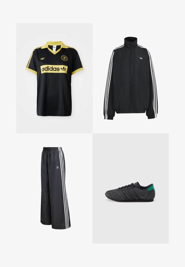 Čierna Adidas športová bunda s bielymi tromi pásikmi po celej dĺžke rukávov, so zipsom po celej prednej časti, elastickými manžetami a malým logom trefolo na hrudi.; Čierny športový dres s žltými akcentmi, s pruhovaným dizajnom, v golieri vo forme písmena V a s logom adidas zreteľne zobrazeným na hrudi.; Čierne športové nohavice z ľahkého materiálu, s tromi bielymi vertikálnymi pruhmi a elastickým pásom so sťahovacou šnúrkou.; Čierna nízka teniska s jemným kvetinovým vzorom, čiernymi šnúrkami, zelenou pätovou záložkou a zlatým logom na jazyku a päte.