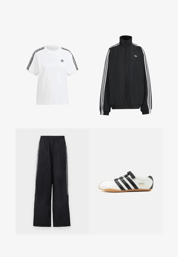 Čierna Adidas športová bunda s bielymi tromi pásikmi po celej dĺžke rukávov, so zipsom po celej prednej časti, elastickými manžetami a malým logom trefolo na hrudi.; Biela bavlnená tričko so krátkymi rukávmi, okrúhlym výstrihom a čiernymi vertikálnymi pruhmi na ramene, s malým čiernym logom na hrudi.; Čierne široké teplákové nohavice s elastickým pásom a tromi bielymi pruhmi na boku každej nohavice.; Biele tenisky Adidas Tokyo s čiernymi pruhmi, čiernymi suchými zipsami a podrážkou v gumovej farbe, zobrazené z boku na bielom pozadí.