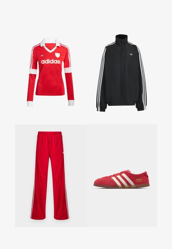 Schwarze Adidas Trainingsjacke mit weißen drei Streifen entlang der Ärmel, durchgehendem Frontreißverschluss, elastischen Bündchen und kleinem Trefoil-Logo auf der Brust.; Rotes Fußballtrikot mit langen Ärmeln, weißem Kragen und weißen Ärmelbündchen. Es hat drei weiße Streifen auf den Schultern und das "adidas"-Logo ist auffällig platziert.; Rote Sporthose mit lockerem Sitz, elastischem Bund, zwei Seitentaschen und weißen Seitenstreifen. Hergestellt aus glattem, synthetischem Material.; Rote Wildledersneaker mit weißem Drei-Streifen-Design, flacher Außensohle und goldenen Logodetails. Niedrig geschnittenes Design mit runder Zehenpartie und Schnürverschluss.