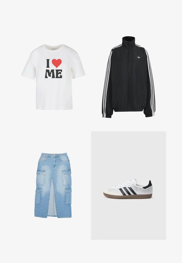 Μαύρο αθλητικό μπουφάν Adidas με λευκές τρεις ρίγες κατά μήκος των μανικιών, πλήρες φερμουάρ μπροστά, ελαστικά μανσέτες και μικρό λογότυπο trefoil στο στήθος.; Λευκό μπλουζάκι από βαμβάκι με κοντά μανίκια, που φέρει έντονο μαύρο κείμενο "I," μια κόκκινη καρδιά και "ME" σε ανεπίσημη γραφή.; Ανοιχτό μπλε τζιν φούστα cargo με κεντρικό σκισίμα, δύο πλαινές τσέπες και δύο μεγάλες κολλητές τσέπες από κάθε πλευρά, με κλείσιμο από φερμουάρ και κουμπί.; Άσπρο πλεκτό αθλητικό παπούτσι με μαύρες ρίγες, εκρού δερμάτινη μύτη και λεπτομέρεια στη φτέρνα, υφή ελαστικής σόλας και άσπρα κορδόνια. Κλασικός σχεδιασμός χαμηλού προφίλ.
