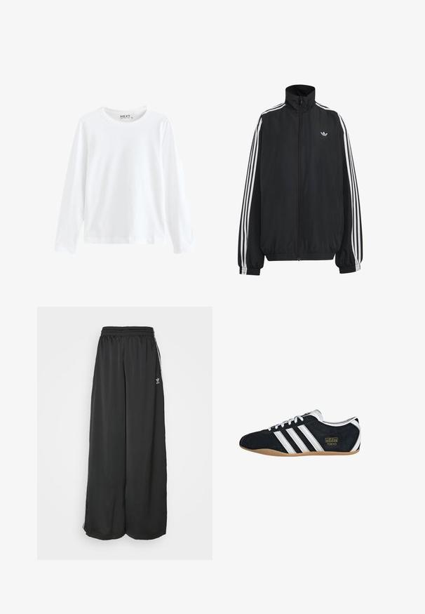 Sort Adidas træningsjakke med hvide tre striber langs ærmerne, fuld lynlås foran, elastiske manchetter og lille trefoil-logo på brystet.; Hvid langærmet T-shirt lavet af bomuld med rund hals og enkelt design, med en jævn tekstur og ingen synlige mønstre eller accenter.; Sorte løstsiddende træningsbukser lavet af glat stof. Har en elastisk talje og sidelogsstriber med logoaccents.; Sort ruskinds sneaker med hvide tre striber, guldlogo og en brun gummisål. Har et lavprofil snørebåndsdesign.