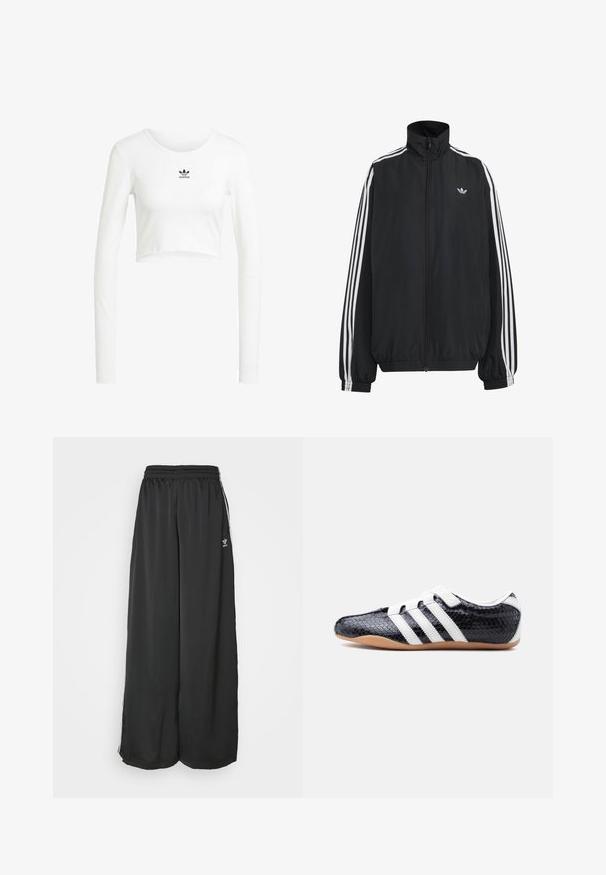 Chaqueta deportiva negra de Adidas con tres franjas blancas a lo largo de las mangas, cremallera frontal completa, puños elásticos y pequeño logo de trébol en el pecho.; Camisa blanca recortada de manga larga hecha de algodón acanalado. Presenta un cuello redondo y un pequeño logo negro de Adidas en el pecho.; Pantalones de chándal negros de corte holgado, fabricados en un tejido suave. Cuentan con una cintura elástica y rayas laterales con acentos de logo.; Zapatilla negra con rayas blancas y correas de velcro, superficie texturizada y suela de goma color caramelo, mostrada de lado sobre un fondo blanco.