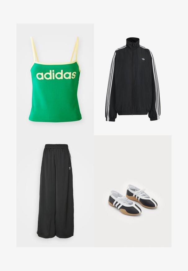 Must Adidas dressipluus valgete kolmekümnendate triipudega varrukatel, täispikk esilukk, elastsed varrukaservad ja väike trefoil logo rinnal.; Roheline sporditop, millel on kollased detaljid ja mis on tehtud venivast materjalist. Esiosas on suur kollane "adidas" logo ja õhukesed rihmad.; Mustad, vabalt langevad spordipüksid, mis on valmistatud siledast kangast. Omab elastset vöökoht ja külgedel triibusid koos logo aktsentidega.; Mustvalged spordijalatsid, millel on sile disain, kummist tald, paeltest kinni tõmmatav sulgur ja kolm valget triipu külgedel.