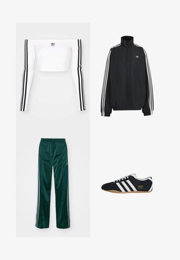 Musta Adidas-verryttelytakki, jossa valkoiset kolme raitaa hihoissa, täysipitkä etuvetoketju, joustavat hihansuut ja pieni kolmiokuvioinen logo rinnassa.; Valkoinen pitkä hiha off-shoulder crop-top venyvässä kankaassa. Ominaisuuksiin kuuluu mustat kolmonauha-akkentit hihoissa ja pieni musta logo rinnassa.; Tummanvihreät urheiluhousut, jotka on valmistettu kiiltävästä materiaalista. Housuissa on vaaleanharmaat sivuviivat ja embroidered logo vasemmassa jalassa.; Mustat mokkakengät, joissa on valkoiset kolme raitaa, kultainen logo ja ruskea kumipohja. Varustettu matalaprofiilisella nauhakiinnityksellä.