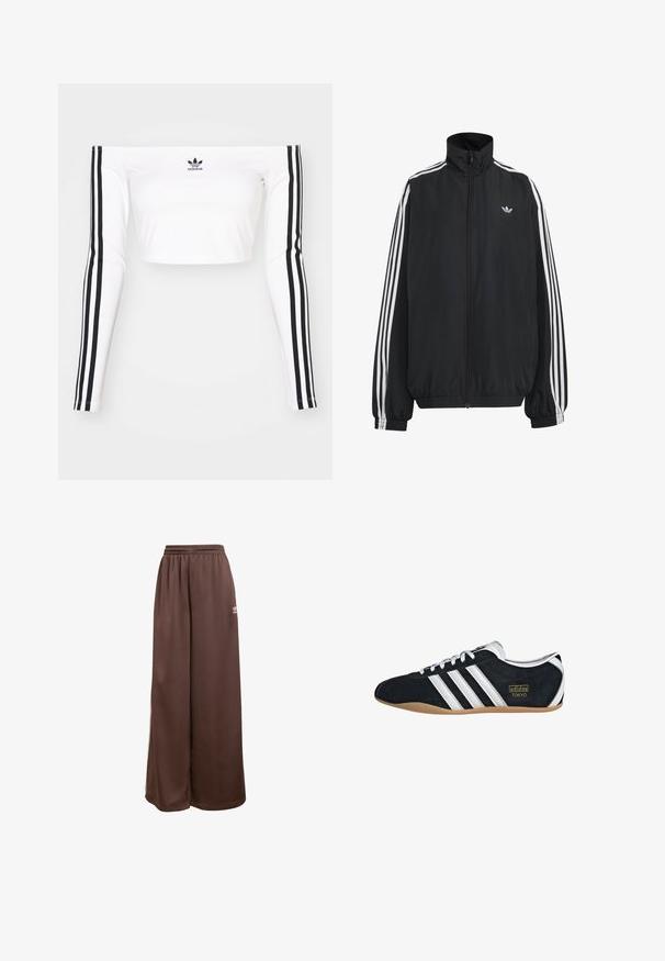 Μαύρο αθλητικό μπουφάν Adidas με λευκές τρεις ρίγες κατά μήκος των μανικιών, πλήρες φερμουάρ μπροστά, ελαστικά μανσέτες και μικρό λογότυπο trefoil στο στήθος.; Λευκή cropped μπλούζα με μακριά μανίκια και ανοιχτούς ώμους σε ελαστικό ύφασμα. Διαθέτει μαύρες τρεις ρίγες στα μανίκια και ένα μικρό μαύρο λογότυπο στο στήθος.; adidas Originals Παντελόνι φόρμας - auburn cream white; Μαύρο σουέτ αθλητικό παπούτσι με λευκές τρεις λωρίδες, χρυσό λογότυπο και καφέ καουτσούκ σόλα. Διαθέτει χαμηλού προφίλ σχέδιο με κορδόνια.