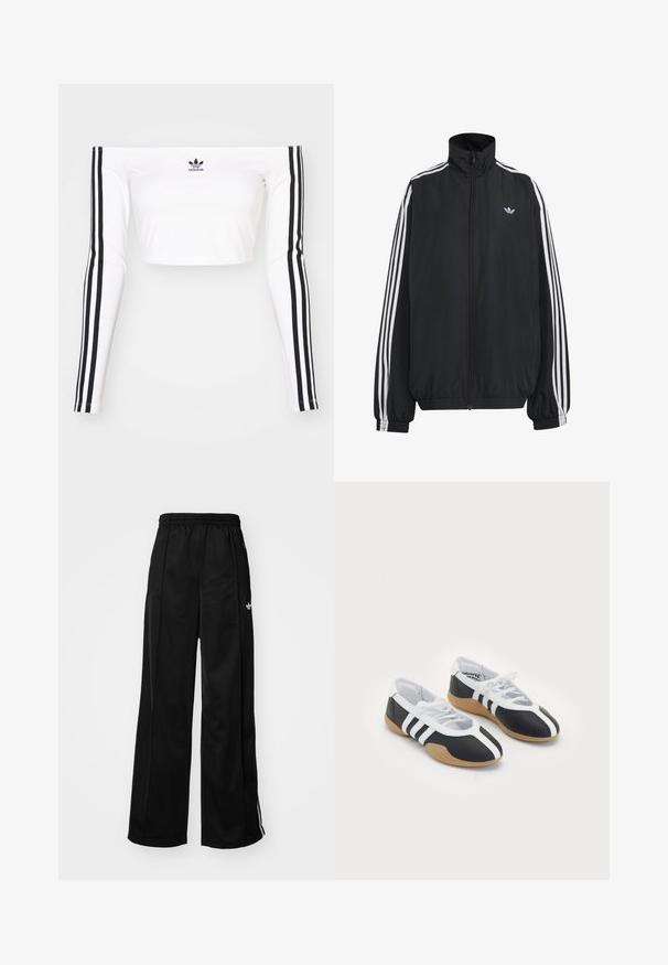 Sort Adidas træningsjakke med hvide tre striber langs ærmerne, fuld lynlås foran, elastiske manchetter og lille trefoil-logo på brystet.; Hvid langærmet off-shoulder crop top i strækbart stof. Har sorte tre-stribede detaljer på ærmerne og et lille sort logo på brystet.; Sorte brede træningsbukser med elastisk talje, prydet med hvide side-striber og et lille logo på venstre hofte. Glat stofstruktur.; Sort-hvide sportsko med et slankt design, gummisål, snørebåndslukning og tre hvide striber på siden.