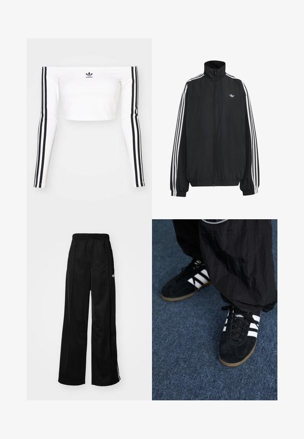 Must Adidas dressipluus valgete kolmekümnendate triipudega varrukatel, täispikk esilukk, elastsed varrukaservad ja väike trefoil logo rinnal.; Valge pikakäidine avatud õlavarrega lühike tipp venivast kangast. Käistel on mustad kolmtriibu aktsendid ning rinnal on väike must logo.; Mustad laiad spordipüksid elastse vöökohtaga, millel on valged külgtriibud ja väike logo vasakul puusal. Sile kangateksam.; Mustad nahast spordijalatsid kolme valge triibuga ja mustade kingapaeltega. Kingade kõrval on osaliselt nähtavad tekstureeritud mustad püksid.