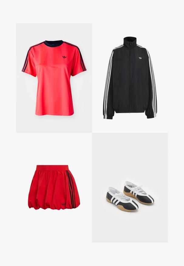 Schwarze Adidas Trainingsjacke mit weißen drei Streifen entlang der Ärmel, durchgehendem Frontreißverschluss, elastischen Bündchen und kleinem Trefoil-Logo auf der Brust.; Rotes sportliches T-Shirt mit kurzen Ärmeln, das von vertikalen Streifen, einem marineblauen Rundhalsausschnitt und einem kleinen schwarzen Logo auf der Vorderseite geprägt ist.; Roter Baumwollrock mit voluminöser Form, geraffter Taille und schwarzen Seitenstreifen. Kleines Logodetail in der Nähe des Saums. Glatte Textur.; Schwarz-weiße Sportschuhe mit einem eleganten Design, Gummisohle, Schnürverschluss und drei weißen Streifen an den Seiten.