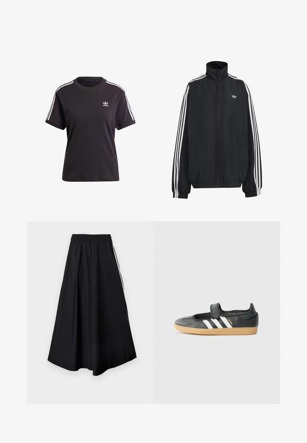 Melna Adidas sporta jaka ar baltām trim svītrām gar piedurknēm, pilnas garuma rāvējslēdzēju priekšpusē, elastīgiem aprocēm un nelielu trejlapu logo uz krūtīm.; Melna kokvilnas t-krekls ar īsām piedurknēm un apaļu kakla izgriezumu, ar baltām svītrām uz pleciem un mazu baltu Adidas logo uz krūtīm.; Melnas plaša piegriezuma bikses ar elastīgu jostasvietu un baltām sānu svītrām, attēlotas uz vienmērīga baltā fona.; Melna ādas un zamša sporta apavi ar Velcro siksnu, kurā ir trīs baltas svītras un gumijas zole, uz sāna uzraksts "SAMBA".