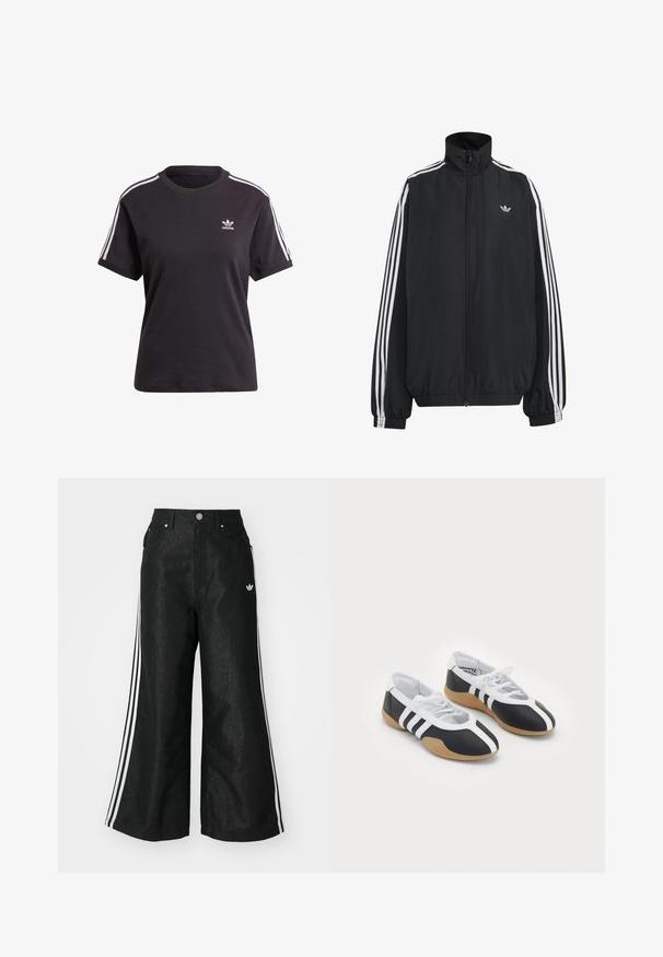 Sort Adidas træningsjakke med hvide tre striber langs ærmerne, fuld lynlås foran, elastiske manchetter og lille trefoil-logo på brystet.; Sort bomulds t-shirt med korte ærmer og rund hals, der har hvide striber på skuldrene og et lille hvidt Adidas-logo på brystet.; Sorte vide denim bukser med tre hvide striber på hver side og et lille hvidt logo. Indeholder forlommer og en knaplukning.; Sort-hvide sportsko med et slankt design, gummisål, snørebåndslukning og tre hvide striber på siden.