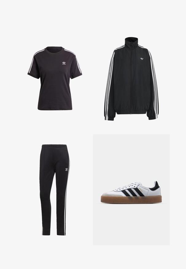 Schwarze Adidas Trainingsjacke mit weißen drei Streifen entlang der Ärmel, durchgehendem Frontreißverschluss, elastischen Bündchen und kleinem Trefoil-Logo auf der Brust.; Schwarzes Baumwoll-T-Shirt mit kurzen Ärmeln und Rundhalsausschnitt, mit weißen Streifen auf den Schultern und einem kleinen weißen Adidas-Logo auf der Brust.; Schwarze Trainingshose aus weichem Material, mit weißen Seitenstreifen, einem elastischen Bund und frontalen Taschen. Adidas-Logo auf dem oberen linken Oberschenkel.; Weiße Leder Sneakers mit schwarzen Streifen, Gummigummi-Außensohle, runder Zehenform, Schnürverschluss und weichem grauem Wildleder-Zehenkappe.