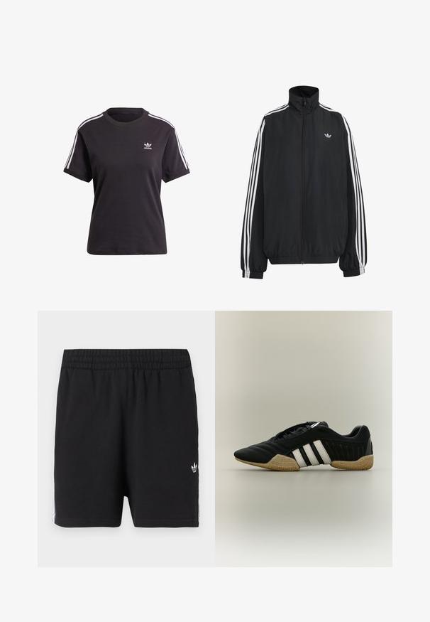 Μαύρο αθλητικό μπουφάν Adidas με λευκές τρεις ρίγες κατά μήκος των μανικιών, πλήρες φερμουάρ μπροστά, ελαστικά μανσέτες και μικρό λογότυπο trefoil στο στήθος.; Μαύρο κοντομάνικο μπλουζάκι από βαμβάκι με στρογγυλή λαιμόκοψη, διαθέτοντας λευκές ρίγες στους ώμους και ένα μικρό λευκό λογότυπο Adidas στο στήθος.; Μαύρο αθλητικό σορτς με ελαστική μέση, μικρό λευκό λογότυπο Adidas trefoil στο αριστερό πόδι και λευκές ρίγες στα πλαϊνά.; Μαύρο αθλητικό παπούτσι με λευκές ρίγες και μπεζ υφασμένο πάτο σε ουδέτερο φόντο, εμφανίζεται σε πλαϊνή όψη.