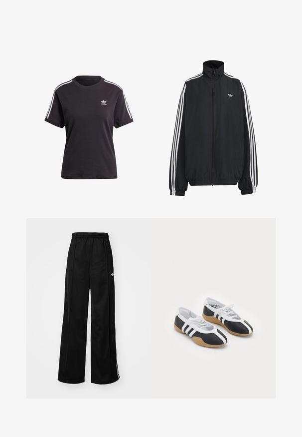 Sort Adidas træningsjakke med hvide tre striber langs ærmerne, fuld lynlås foran, elastiske manchetter og lille trefoil-logo på brystet.; Sort bomulds t-shirt med korte ærmer og rund hals, der har hvide striber på skuldrene og et lille hvidt Adidas-logo på brystet.; Sorte brede træningsbukser med elastisk talje, prydet med hvide side-striber og et lille logo på venstre hofte. Glat stofstruktur.; Sort-hvide sportsko med et slankt design, gummisål, snørebåndslukning og tre hvide striber på siden.