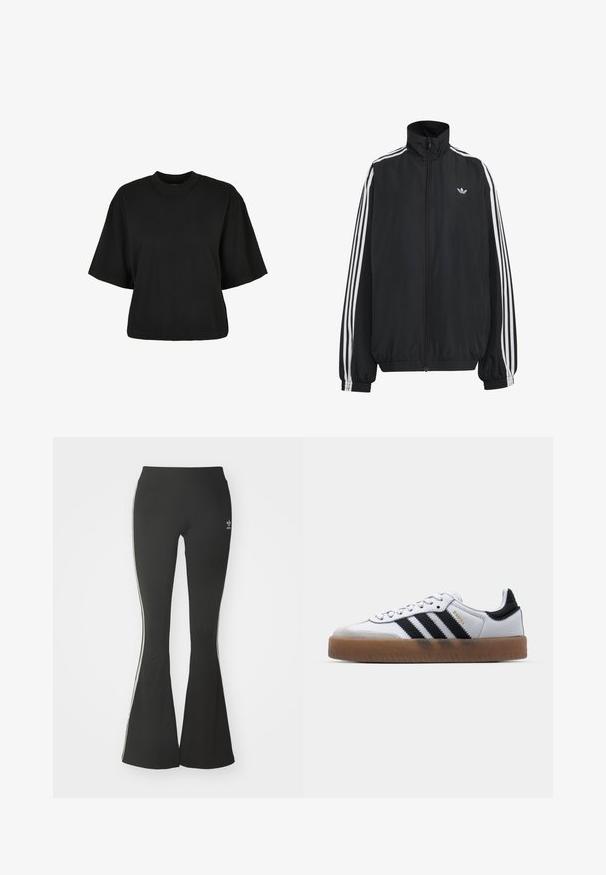 Zwarte Adidas trainingsjas met witte drie strepen langs de mouwen, een rits over de hele voorkant, elastische manchetten en een klein trefoil-logo op de borst.; Zwart cropped t-shirt van katoen. Heeft korte mouwen en een ronde halslijn. Glad materiaal met een eenvoudig ontwerp, geen extra patronen.; Zwarte flared leggings van rekbare stof, voorzien van een hoge tailleband en witte zijstrepen. Inclusief klein logo op de taille.; Witte leren sneakers met zwarte strepen, gumrubberen buitenzool, ronde neus, vetersluiting en een zachte grijze suède neuskap.