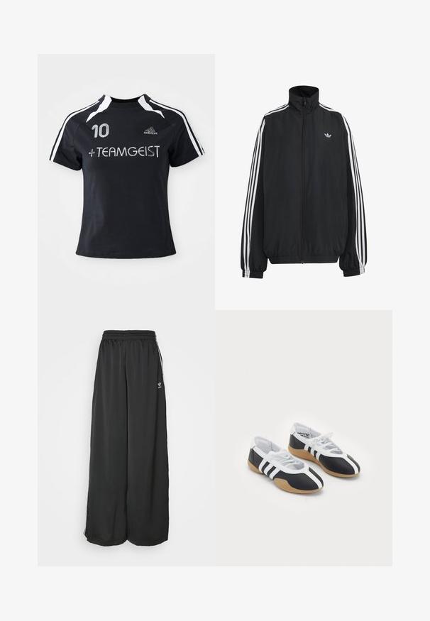 Čierna Adidas športová bunda s bielymi tromi pásikmi po celej dĺžke rukávov, so zipsom po celej prednej časti, elastickými manžetami a malým logom trefolo na hrudi.; Čierny dres s krátkymi rukávmi a bielymi pruhmi, má vyšitú číslicu "10" a " + TEAMGEIST " vpredu. Vyrobený z mäkkého a priedušného materiálu.; Čierne široké tréningové nohavice vyrobené z hladkej látky. Obsahujú elastický pás a bočné pruhy s logom.; Čierne a biele športové topánky s elegantným dizajnom, gumovou podrážkou, šnurovaním a tromi bielymi prúžkami na bokoch.