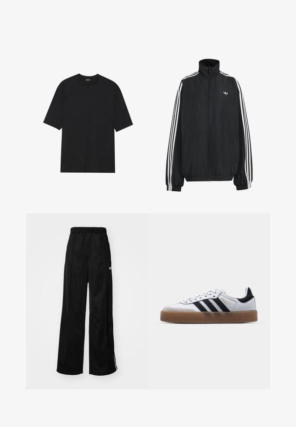 Čierna Adidas športová bunda s bielymi tromi pásikmi po celej dĺžke rukávov, so zipsom po celej prednej časti, elastickými manžetami a malým logom trefolo na hrudi.; Čierne tričko s krátkym rukávom vyrobené z bavlny. Má okrúhly výstrih a rovný lem. Minimalistický dizajn bez vzorov alebo akcentov.; Čierne široké teplákové nohavice s elastickým pásom, s bielymi bočnými pruhmi a malým logom na ľavom boku. Hladký textil.; Biele kožené tenisky s čiernymi pruhmi, gumová podrážka, okrúhla špička, šnurovanie a mäkký sivý semišový špička.