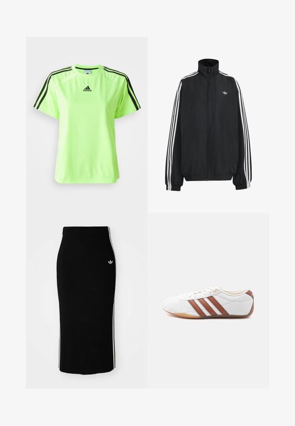Chaqueta deportiva negra de Adidas con tres franjas blancas a lo largo de las mangas, cremallera frontal completa, puños elásticos y pequeño logo de trébol en el pecho.; Camiseta deportiva de color verde neón, fabricada con tejido que absorbe la humedad. Presenta un diseño de tres rayas negras en los hombros y un logo centrado en el pecho.; Falda midi negra con diseño ajustado, que presenta franjas laterales blancas y un pequeño emblema blanco en el lado izquierdo.; Zapatilla blanca de corte bajo con franjas de cuero marrón, cierre de cordones y suela de goma color caramelo, mostrada desde el lado interior sobre un fondo blanco.