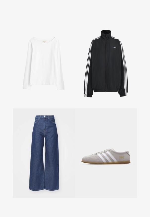 Chaqueta deportiva negra de Adidas con tres franjas blancas a lo largo de las mangas, cremallera frontal completa, puños elásticos y pequeño logo de trébol en el pecho.; Seasalt Cornwall Camiseta de manga larga - white salt; Jeans de pierna ancha hechos de denim azul oscuro. Diseño de altura alta con cremallera y cierre de botón. Cuenta con el estilo clásico de cinco bolsillos y bordes rematados.; Zapatilla de ante gris con rayas de cuero blanco y detalle del logo en dorado. Suela plana de goma, punta redondeada y diseño clásico de cierre con cordones.