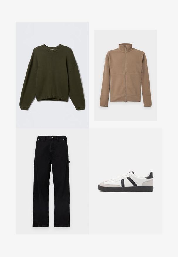 Veste polaire beige à fermeture éclair intégrale avec col montant, manches longues et tissu texturé, présentée sur un fond blanc.; Pull en maille vert olive avec un col rond, épaules tombantes et ourlet côtelé. Texture douce et coupe décontractée.; Pantalon en denim noir à coupe droite, doté d'une braguette à boutons et fermeture éclair, de poches latérales et de légères variations de texture.; Baskets blanches avec des accents noirs et gris, présentant un embout texturé gris, une semelle en caoutchouc noir et des lacets plats blancs. Design épuré, style minimaliste.
