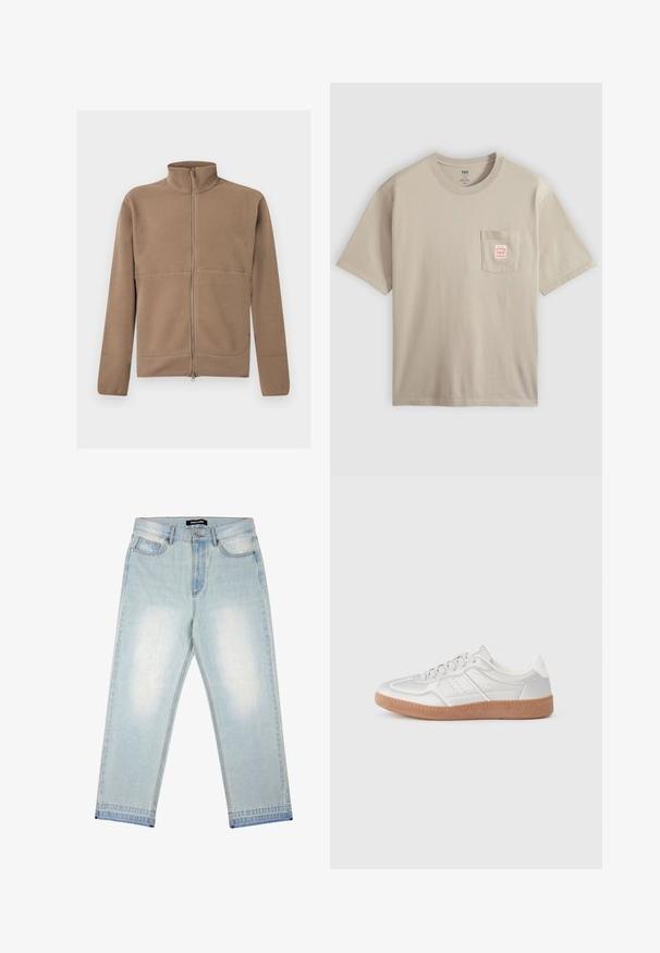 Beige fleecejack met volledige ritssluiting, opstaande kraag, lange mouwen en een gestructureerde stof, afgebeeld op een witte achtergrond.; Beige katoenen T-shirt met korte mouwen en een borstzakje met een klein rood-wit label, getoond tegen een effen achtergrond.; Pegador BARROW - Wijde jeans - sand washed blue; Zilveren sneakers met een gladde textuur, vetersluiting, geperforeerde accenten en een gestructureerde bruine rubberen zool.