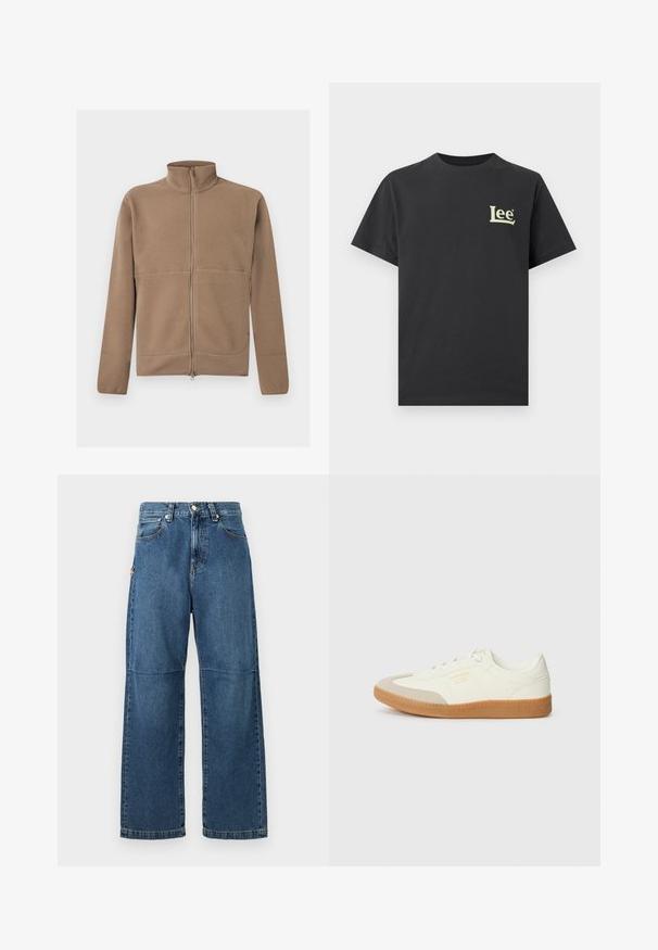 Béžová fleecová bunda na zips s stojacím golierom, dlhými rukávmi a textúrovanou látkou, zobrazená na bielom pozadí.; Čierne tričko s krátkym rukávom a okrúhlym výstrihom so svetlým malým logom "Lee" na hornej ľavej strane hrudníka.; Modré denimové džínsy s voľným strihom, rovnými nohavicami, viditeľným švom a predným zapínaním na gombík. Obsahujú bočnú kapsu s akcentom.; Tenisky vyrobené z bielej kože s béžovou špičkou a svetlohnedou gumovou podrážkou. Majú ploché biele šnúrky a embosované logo na boku.