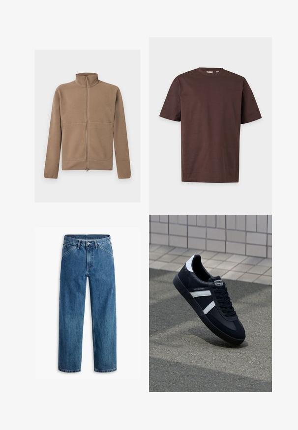 Beige Fleecejacke mit durchgehendem Reißverschluss, Stehkragen, langen Ärmeln und strukturierter Stoffoberfläche, abgebildet vor weißem Hintergrund.; Einfarbiges dunkelbraunes T-Shirt mit kurzen Ärmeln und Rundhalsausschnitt mit kleinem Nackenetikett, dargestellt auf hellgrauem Hintergrund.; Blaue Jeans mit geradem Bein, Vordertaschen, Gürtelschlaufen, Metallknopf und Reißverschluss auf weißem Hintergrund.; Schwarze Leder-Sneaker mit weißen Streifen, strukturiertem Gummisohle und Schnürung. Verfügt über ein Markenetikett auf der Zunge.