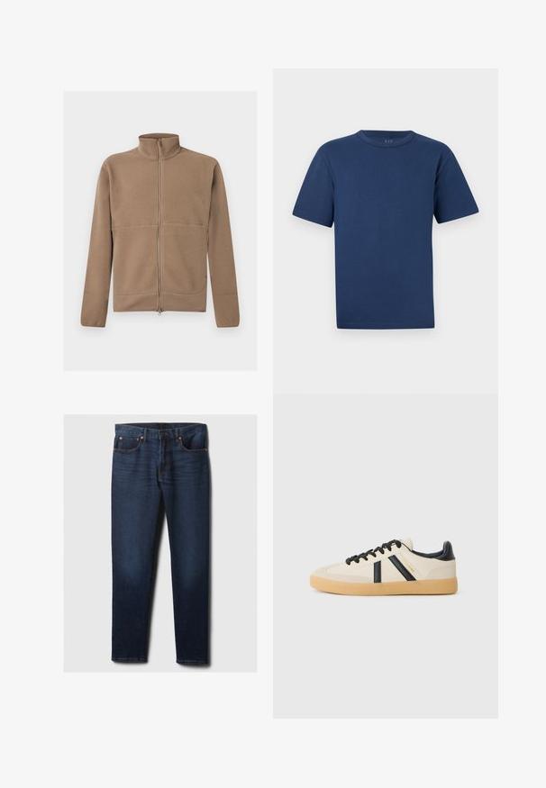 Beige Fleecejacke mit durchgehendem Reißverschluss, Stehkragen, langen Ärmeln und strukturierter Stoffoberfläche, abgebildet vor weißem Hintergrund.; Marineblaues T-Shirt aus Baumwolle mit kurzen Ärmeln und rundem Ausschnitt, unifarben vorne, vor hellgrauem Hintergrund präsentiert.; Dunkelblaue Slim-Fit-Jeans aus Denim mit leichtem Verblassen an den vorderen Oberschenkeln, Kupferriegeln und klassischem Fünf-Taschen-Stil, flach auf weißem Hintergrund ausgelegt.; Legere Sneaker in Creme mit schwarzen Streifen, mit einer strukturierten Oberseite und einer Sohle aus Gummi. Die Schnürsenkel sind schwarz. Diskretes Logo an der Seite.