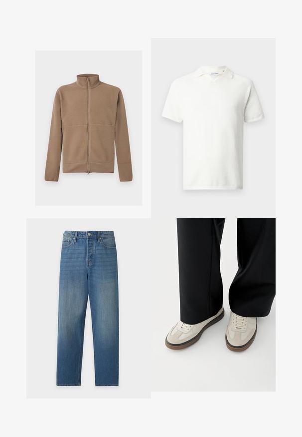 Veste polaire beige à fermeture éclair intégrale avec col montant, manches longues et tissu texturé, présentée sur un fond blanc.; Polo blanc à manches courtes avec tissu texturé et petit col, présenté sur un fond gris clair uni.; Jean bleu droit avec bouton et fermeture éclair à l'avant, avec poches avant et arrière, présenté sur un fond clair uni.; Pieds portant des baskets beige avec des semelles marron et un pantalon noir à jambes larges sur fond blanc.
