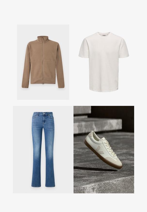 Chaqueta polar beige con cremallera completa, cuello alto, mangas largas y tejido texturizado, mostrada sobre un fondo blanco.; Camiseta blanca lisa de manga corta con textura y cuello redondo, expuesta sobre un fondo neutro, sin logotipos ni diseños visibles.; ONLY ONLWAUW MID WAIST - Vaqueros slim fit - medium blue denim; Zapatillas blancas de cuero con suela de goma color beige, cordones planos y un acento en forma de V en el costado. Presentan una superficie lisa y detalles mínimos de costura.