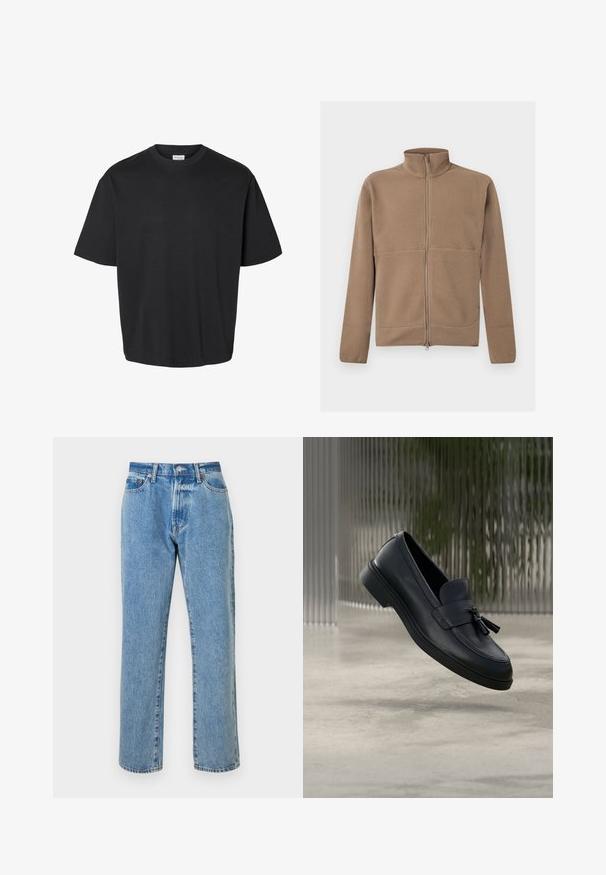 Beige fleecejack met volledige ritssluiting, opstaande kraag, lange mouwen en een gestructureerde stof, afgebeeld op een witte achtergrond.; Zwart T-shirt met korte mouwen en een ronde hals, met een losse pasvorm en een zichtbaar wit label aan de binnenkant van de kraag.; Lichtblauwe denim jeans met een rechte pijp, voorzien van vijf zakken, een ritsgulp en koperen hardware accenten. Versleten details overal.; Zwarte leren loafers met een gladde textuur, een afgeronde neus en decoratieve kwastjes aan de voorkant. Flexibele rubberen zool met lage hak.