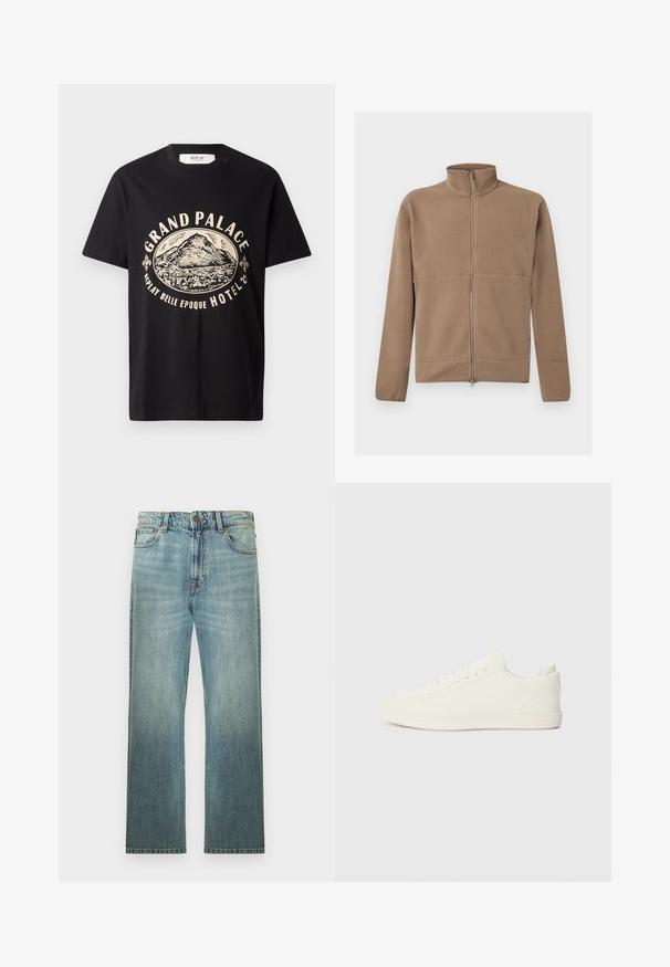 Beige fleecejakke med fuld lynlås, stående krave, lange ærmer og struktureret stof, vist på en hvid baggrund.; Sort bomulds T-shirt med en beige grafisk print af et bjerg og teksten "Grand Palace Replay Belle Epoque Hotel." Simpelt crew-neck design.; Lyseblå straight-leg denimjeans med klassisk fem-lomme-design og knappelukning, vist på en ensfarvet hvid baggrund.; Hvide sneakers med en glat overflade, rund tå og traditionel snøring, med et minimalistisk design og gummisål.