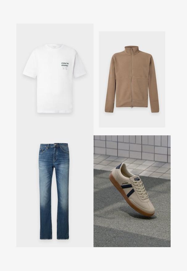 Beige fleecejack met volledige ritssluiting, opstaande kraag, lange mouwen en een gestructureerde stof, afgebeeld op een witte achtergrond.; Witte t-shirt met korte mouwen met kleine zwarte tekst "Studio '90 Originals" en aanvullende kleinere tekst op de linkerkant van de borst.; Blauwe spijkerbroek met een rechte pijp. Kenmerken zijn lichte vervaging, een vijf-pocket ontwerp en een knoopsluiting aan de taille.; Beige sneaker met een textuurafwerking, marineblauwe strepen en een rubberen zool. Heeft een gevoerde tong en een traditioneel vetersysteem voor een veilige pasvorm.
