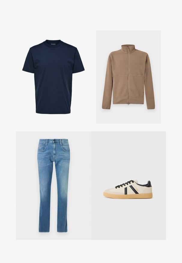 Beige fleecejakke med fuld lynlås, stående krave, lange ærmer og struktureret stof, vist på en hvid baggrund.; Herre plain mørkeblå T-shirt med korte ærmer og rund hals med almindelig pasform og uden synlige mønstre eller logoer.; Lyseblå denimjeans med lige ben, fem lommer og subtil falmning på lårene. Har knap- og lynlåslukning.; Casual sneakers i creme med sorte striber, med en tekstureret overdel og sål i gummigummi. Snørebåndene er sorte. Diskret logo på siden.