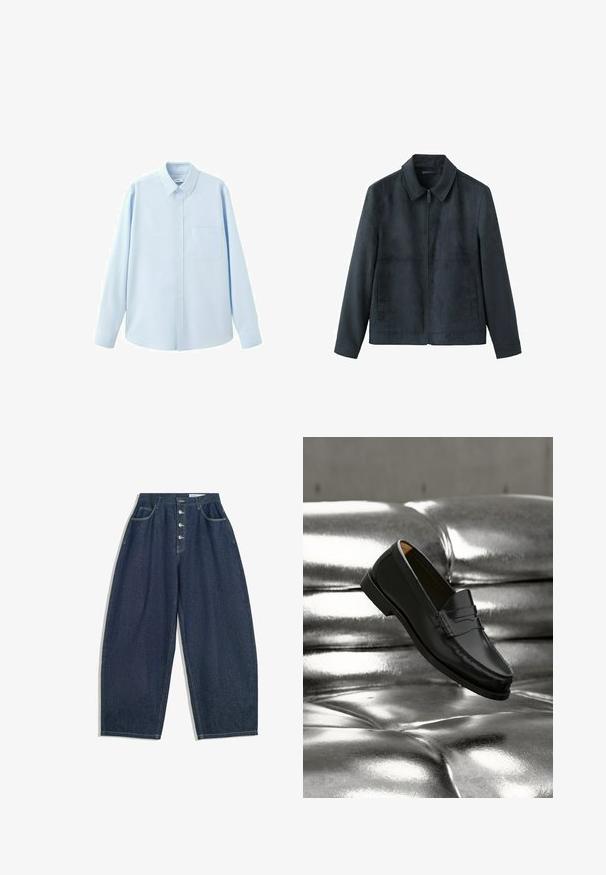 Veste zippée gris foncé avec col pointu, manches longues et deux poches latérales verticales, présentée sur un fond blanc.; Chemise bleu clair à manches longues avec boutons, col pointu et poche poitrine, présentée sur fond blanc.; Pantalons en denim bleu foncé à jambes larges avec une taille haute, fermeture à cinq boutons et cinq poches. Présente des accents de couture sur les coutures.; Mocassin en cuir noir flottant au-dessus d'un canapé en cuir argenté brillant matelassé à boutons dans un décor minimaliste.