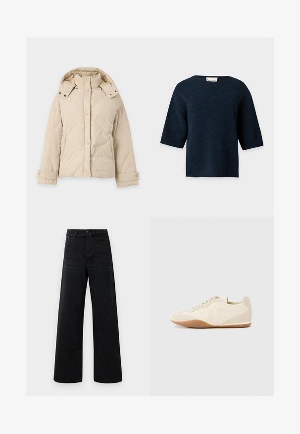 Beige gewatteerde winterjas met hoge kraag, afneembare capuchon, drukknoopsluiting aan de voorkant, lange mouwen en zijzakken.; Donker marineblauwe korte mouwen gebreide trui met een ronde hals en een rechte zoom, weergegeven tegen een effen lichte achtergrond.; Zwarte hoog-taille brede broek met een voorknop, ritssluiting, riemlussen en klassieke vijf-pocket styling.; Lichtbeige sneakers met een textuur van leer op het bovenwerk, getextureerde zijpanelen en een rubberen zool. Voorzien van een slank, gestroomlijnd ontwerp en platte veters.