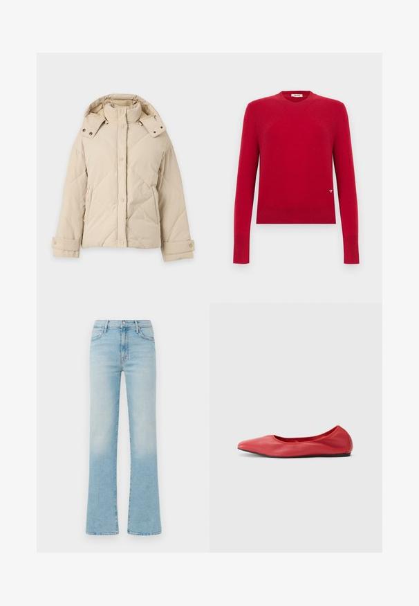 Chaqueta de invierno acolchada beige con cuello alto, capucha desmontable, botones a presión delanteros, mangas largas y bolsillos laterales.; Suéter rojo de manga larga con cuello redondo, puños y dobladillo acanalados, con un pequeño logo triangular cerca de la parte inferior derecha.; Jeans acampanados de color azul claro fabricados en denim, con una cintura alta, diseño de cinco bolsillos y un acabado desgastado para un efecto vintage.; Filippa K REY FLATS - Bailarinas - bright red