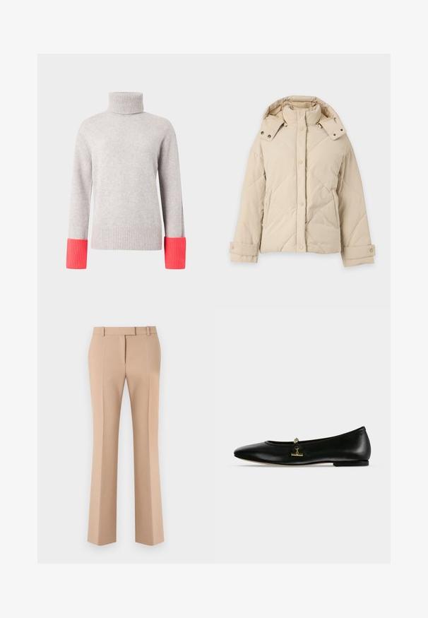 Veste d'hiver matelassée beige avec col montant, capuche amovible, boutons-pression à l'avant, manches longues et poches latérales.; Pull à col roulé gris en matériau doux, avec des poignets côtelés de couleur rose vif. Design simple avec manches longues et coupe décontractée.; Pantalon beige droit sur mesure avec passants de ceinture et plis avant, présenté sur un fond blanc.; Chaussure plate en cuir noir avec une petite chaîne dorée et un détail barre sur le dessus, bout arrondi et talon bas.
