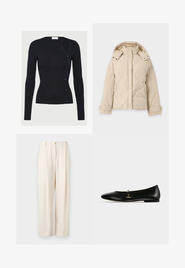 Veste d'hiver matelassée beige avec col montant, capuche amovible, boutons-pression à l'avant, manches longues et poches latérales.; Haut noir à manches longues à côtes avec un décolleté américain, présentant un design asymétrique unique et une série de boutons assortis sur un côté.; Pantalon beige à jambes larges en tissu lisse, doté d'une fermeture à un seul bouton, de poches latérales et d'une coupe décontractée pour un port confortable.; Chaussure plate en cuir noir avec une petite chaîne dorée et un détail barre sur le dessus, bout arrondi et talon bas.