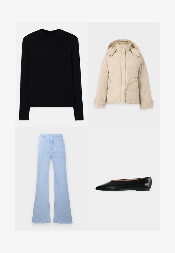 Chaqueta de invierno acolchada beige con cuello alto, capucha desmontable, botones a presión delanteros, mangas largas y bolsillos laterales.; Suéter negro de manga larga con cuello redondo, hecho de una tela suave. Presenta costuras verticales para darle estructura y una marca texturizada en el cuello.; Jeans acampanados de tiro alto azul claro con trabillas para cinturón, cierre frontal de botones y bolsillos delanteros sobre un fondo blanco.; Zapato plano negro de cuero para mujer con punta puntiaguda y tacón bajo, mostrado de lado sobre un fondo liso gris claro.