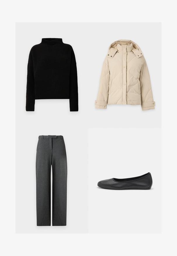 Veste d'hiver matelassée beige avec col montant, capuche amovible, boutons-pression à l'avant, manches longues et poches latérales.; Pull en col roulé noir en tissu doux, avec des manches longues et une coupe décontractée, présentant des coutures minimales et sans embellissements visibles.; Pantalon large texturé gris avec une coupe ajustée, présentant une taille avec passants de ceinture et des poches latérales, confectionné dans un tissu soigné.; Ballerines en cuir noir avec un bout rond, texture lisse, détails de couture minimalistes et design de semelle flexible.