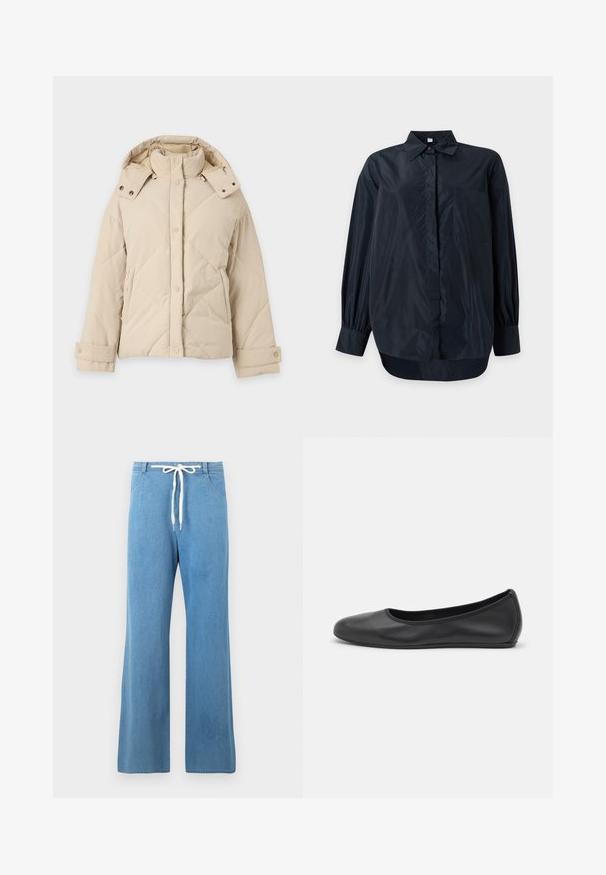 Veste d'hiver matelassée beige avec col montant, capuche amovible, boutons-pression à l'avant, manches longues et poches latérales.; Chemise noire à manches longues, boutonnée, avec col et poche poitrine, présentée sur un fond clair uni.; Pantalon en denim bleu clair à jambes larges avec poches avant et cordon de serrage blanc à la taille.; Ballerines en cuir noir avec un bout rond, texture lisse, détails de couture minimalistes et design de semelle flexible.