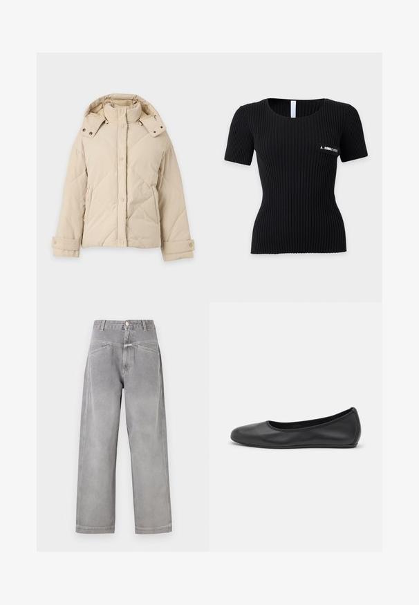 Veste d'hiver matelassée beige avec col montant, capuche amovible, boutons-pression à l'avant, manches longues et poches latérales.; Haut court ajusté noir côtelé avec col rond et petite écusson sur la poitrine gauche avec texte blanc.; Jean denim gris à jambe large et taille haute avec poches avant, passants pour ceinture, fermeture à bouton et détails de couture visibles.; Ballerines en cuir noir avec un bout rond, texture lisse, détails de couture minimalistes et design de semelle flexible.