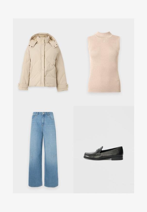 Béžová prešívaná zimná bunda s vysokým golierom, odnímateľnou kapucňou, prednými cvokmi, dlhými rukávmi a bočnými vreckami.; Bezrukávový top s vysokým golierom z jemného béžového rebrovaného úpletu. Má jemný lesk, priliehavý strih a malý logotyp pri výstrihu.; Svetlomodré široké nohavice s vysokým pásom, ktoré majú dve predné vrecká, jemné štepovanie a uvoľnený strih.; Čierne kožené poltopánky s okrúhlym špičkou, zdvihnutými švami a nízkym vrstveným podpätkom. Hladký povrch s jemným leskom.